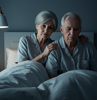 n elderly couple sits in bed at night looking concerned, both wearing matching gray pajamas.