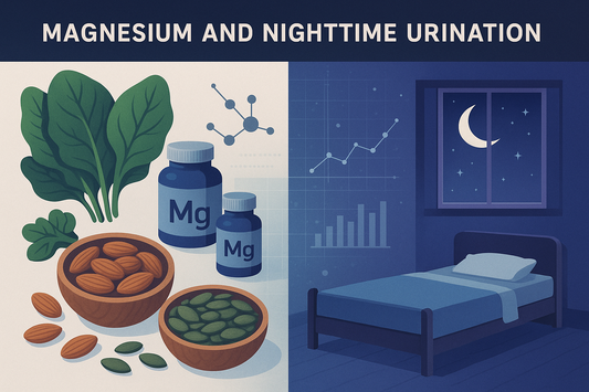 Illustration of magnesium supplements and nuts beside a bed at night, highlighting the connection between magnesium intake and nighttime urination research.